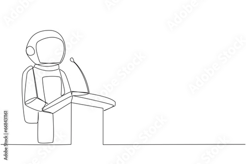 Single continuous line drawing young happy astronaut speaking at podium. Announced greatly improved business balance sheet. A fun speech for all parties. Orator. One line design vector illustration