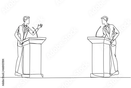 Single continuous line drawing two young businessmen arguing on the podium. Throwing opinions on the best way to deal with global warming. Open dialogue. Debating. One line design vector illustration