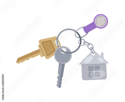 Key with keychain. Toys and keychains at pedant. Apartment and home. Sticker for social networks and messengers. Cartoon flat vector illustration isolated on white background