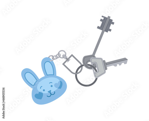 Key with keychain. Toys and keychains at pedant. Cottage and townhouse, padlock. Blue rabbit head. Graphic element for website. Cartoon flat vector illustration isolated on white background