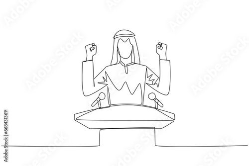 Continuous one line drawing young Arabian businessman speaking at the podium while raising and clenching both hands. Styled like a politician seeking votes. Single line draw design vector illustration