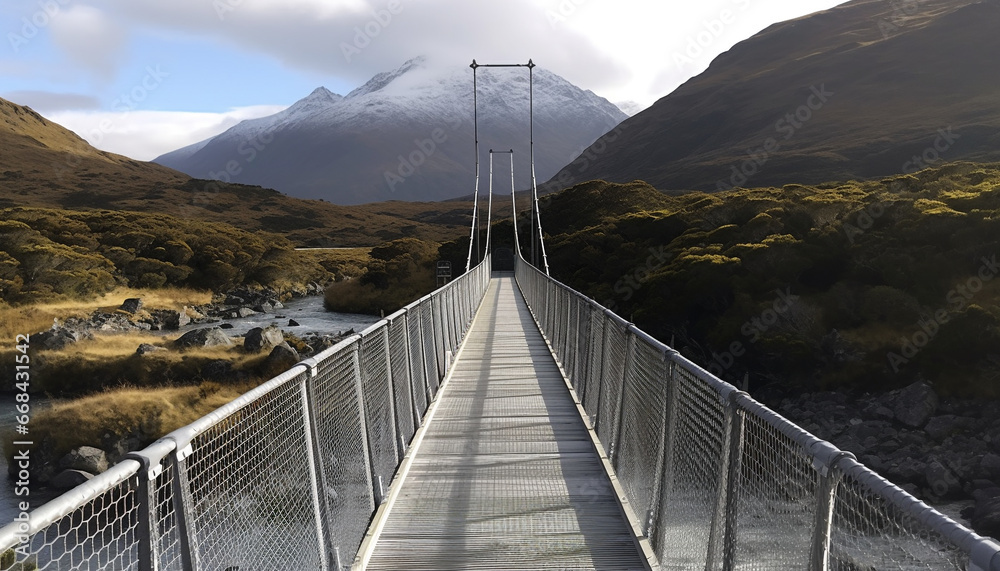 Man made suspension bridge over tranquil mountain river in Asturias generated by AI