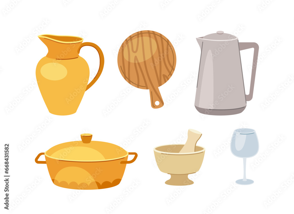 Obraz premium Kitchenware items set. Dishware for cooking and preparing food. Yellow jug, saucepan and electric kettle. Template and layout. Cartoon flat vector collection isolated on white background