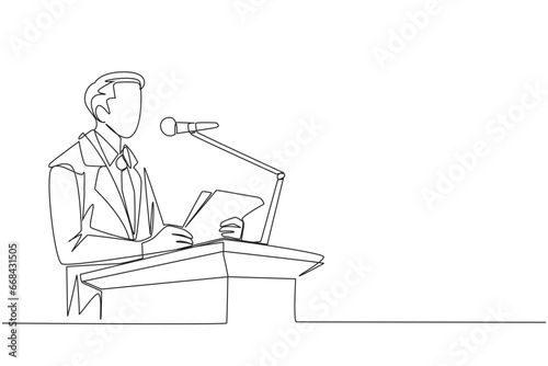 Single one line drawing businessman speaking on the podium holding a piece of paper. Make a welcoming speech. Entrepreneur has a new business branch. Happiness. Continuous line graphic illustration