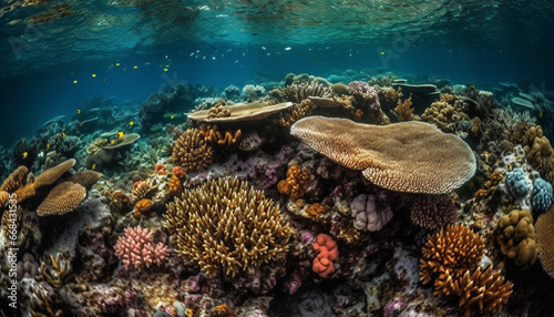 Colorful sea life thrives in tranquil underwater reef landscape generated by AI