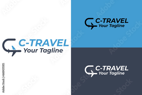Alfa Travel logo and letter c. Aviation agency design. Vector illustration