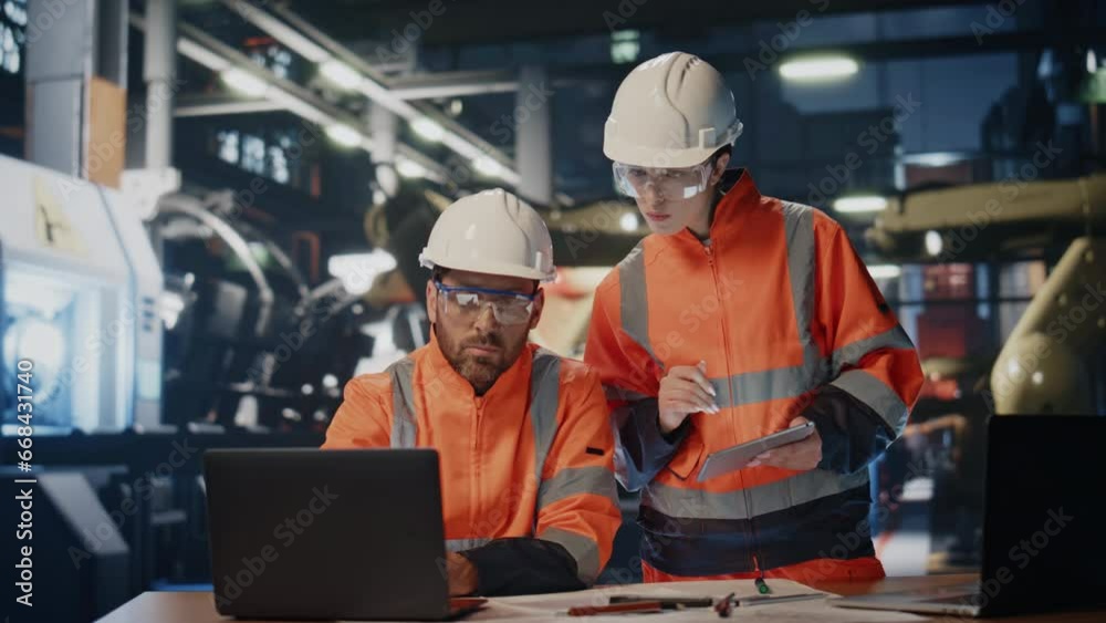 Team factory workers talking together looking laptop computer at production.