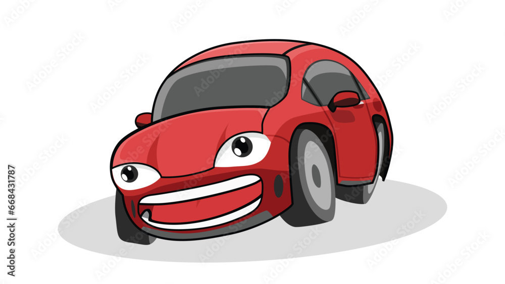 Cartoon vector of car cute style. Smiling car with open mouth. Isolated white background with black shadow of car. Cartoon vector of car cute style. Smiling car with open mouth. Isolated white background with black shadow of car.