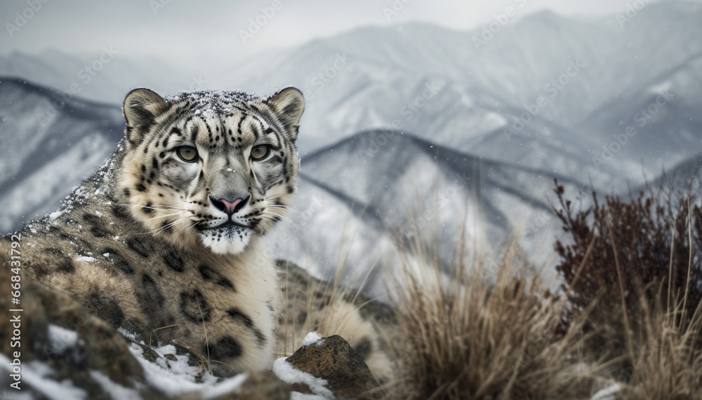 Obraz premium Majestic tiger in snow covered wilderness, staring with intense focus generated by AI