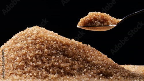 Brown SUGAR granules being scooped with a spoon against black background. Macro view emphasizes the crystal texture and warm tone.