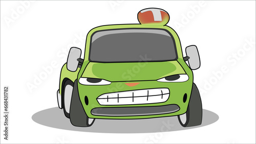 Cartoon vector of car cute style. Pickup truck angry at the head. Isolated white background with black shadow of car.