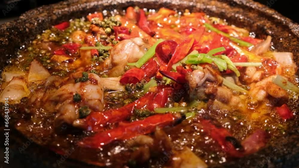 close up boiling spicy bullfrog cuisine in pot. Cooking bullfrog food. Slow motion close up boiling spicy bullfrog cuisine in pot. Cooking bullfrog food. Slow motion