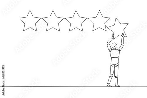 Single continuous line drawing robot holding up a star with both hands and pasting it up to make 5 stars in a row. Give the best review. Online shop. Future tech. One line design vector illustration © Simple Line