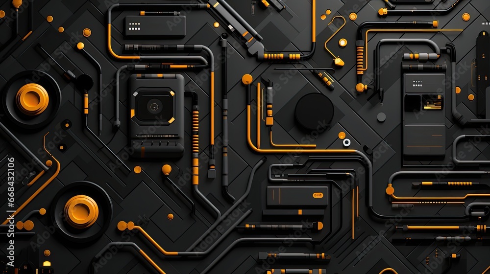 Fototapeta premium AI-generated abstract closeup illustration of a circuit board and its connectors. MidJourney.