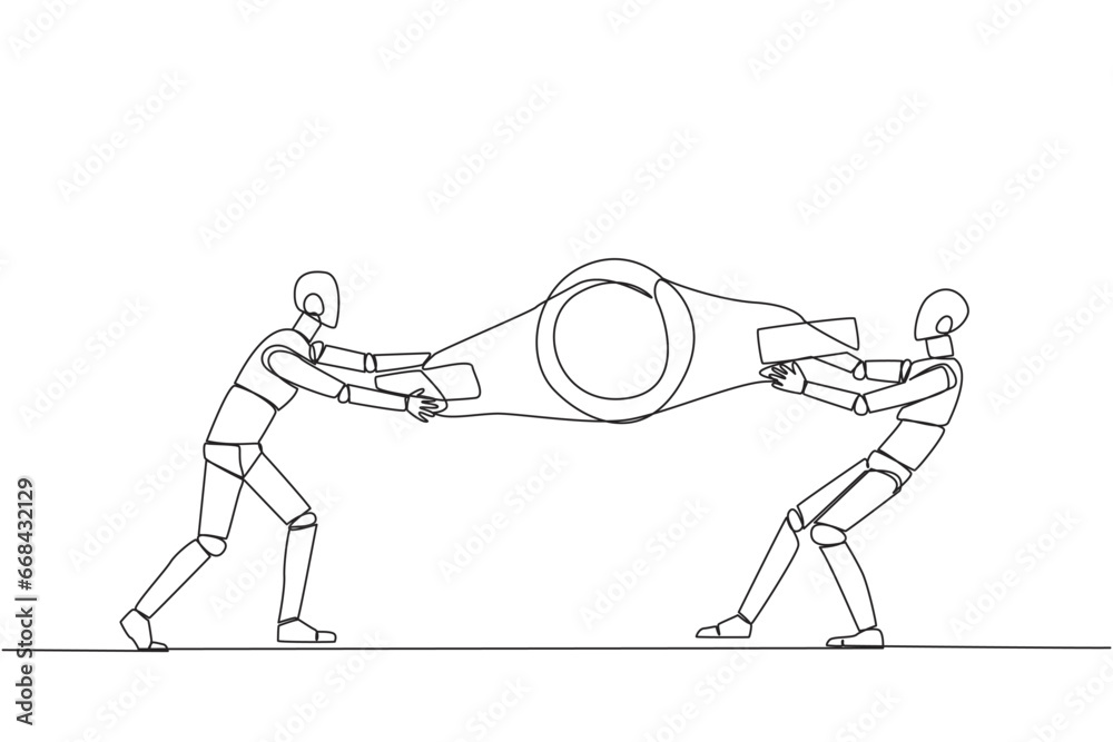 Single continuous line drawing two emotional robot fighting over boxing belt. Fight for to be the greatest and strongest robot. Robotic battle. Future technology. One line design vector illustration Single continuous line drawing two emotional robot fighting over boxing belt. Fight for to be the greatest and strongest robot. Robotic battle. Future technology. One line design vector illustration