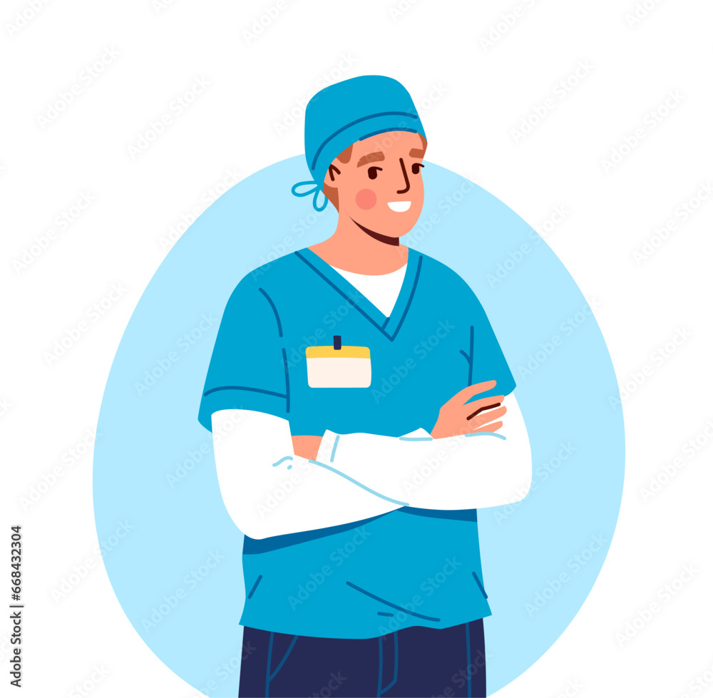Medical employee in uniform concept. Man in medical coat. Doctor and nurse. Medicine, healthcare and treatment. Template and layout. Cartoon flat vector illustration isolated on white background