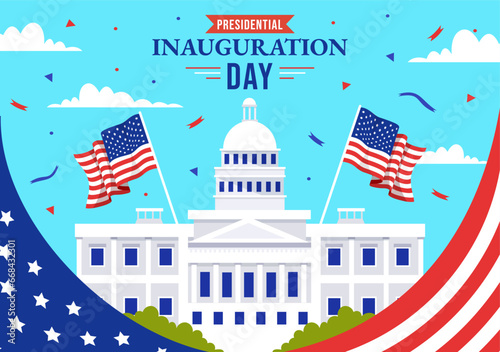 USA Presidential Inauguration Day Vector Illustration January 20 with Capitol Building Washington D.C. and American Flag in Background Design