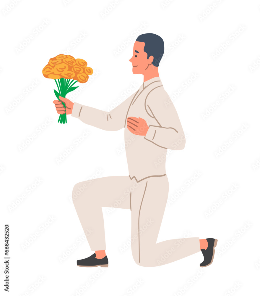 Man gives flowers scene. Young guy with bouquet of yellow plants. Romantic present and surprise. Wedding and marriage ceremony. Cartoon flat vector illustration isolated on white background Man gives flowers scene. Young guy with bouquet of yellow plants. Romantic present and surprise. Wedding and marriage ceremony. Cartoon flat vector illustration isolated on white background