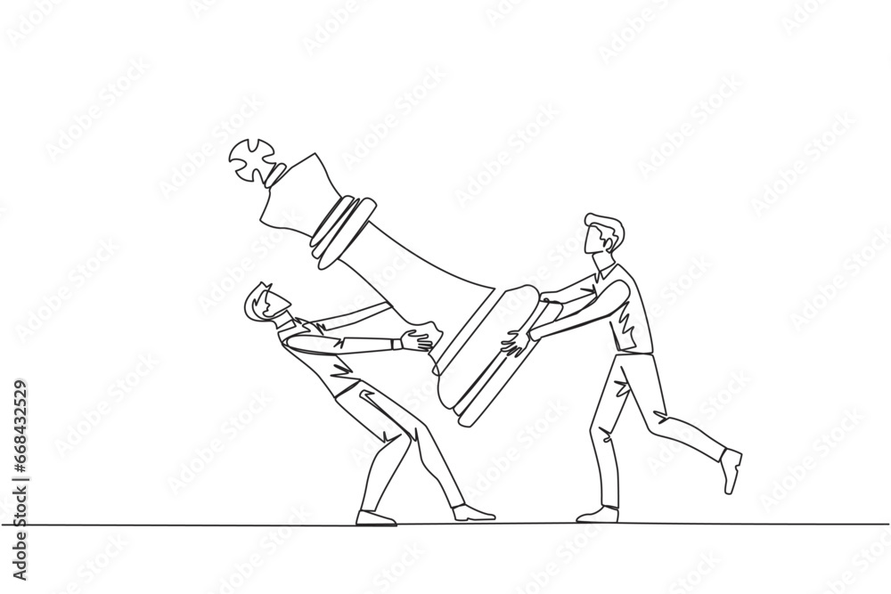 Fototapeta premium Continuous one line drawing two angry businessman fight over the big king chess pieces. The metaphor of scrambling to save a business by helping investors. Single line draw design vector illustration