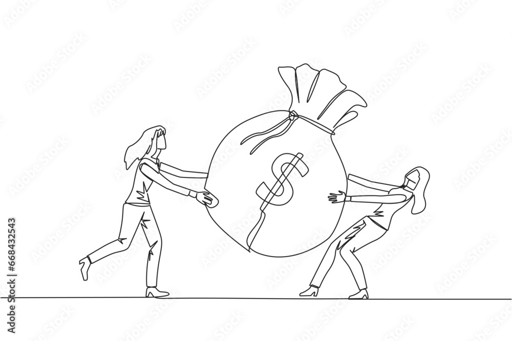 Continuous one line drawing two businesswoman fighting over big money bag. Fighting for additional capital after several shares were released to the public. Single line draw design vector illustration