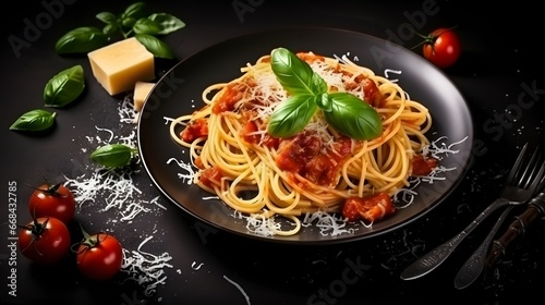 delicious appetizing classic spaghetti pasta with tomato sauce, parmesan cheese and fresh basil, top view