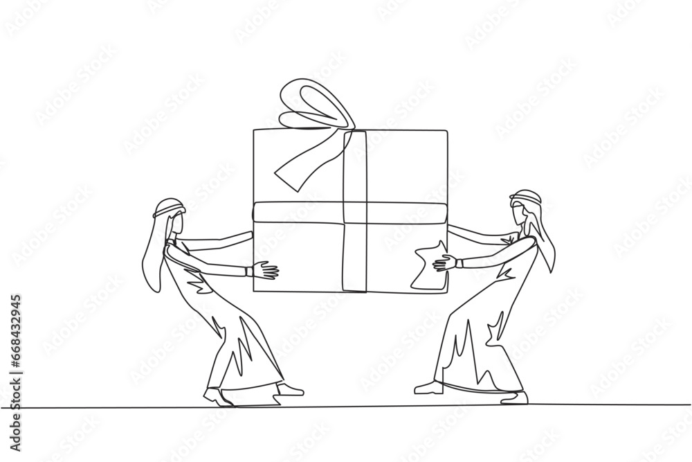 Continuous one line drawing two professional Arabian businessman fighting over gift box. Entrepreneurs against environmental pollution fight for main prize. Single line draw design vector illustration Continuous one line drawing two professional Arabian businessman fighting over gift box. Entrepreneurs against environmental pollution fight for main prize. Single line draw design vector illustration