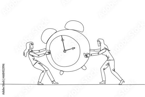 Single continuous line drawing two emotional businesswoman fighting over the big alarm clock. The concept of fighting for rare items for prestige. Conflict. Attack. One line design vector illustration