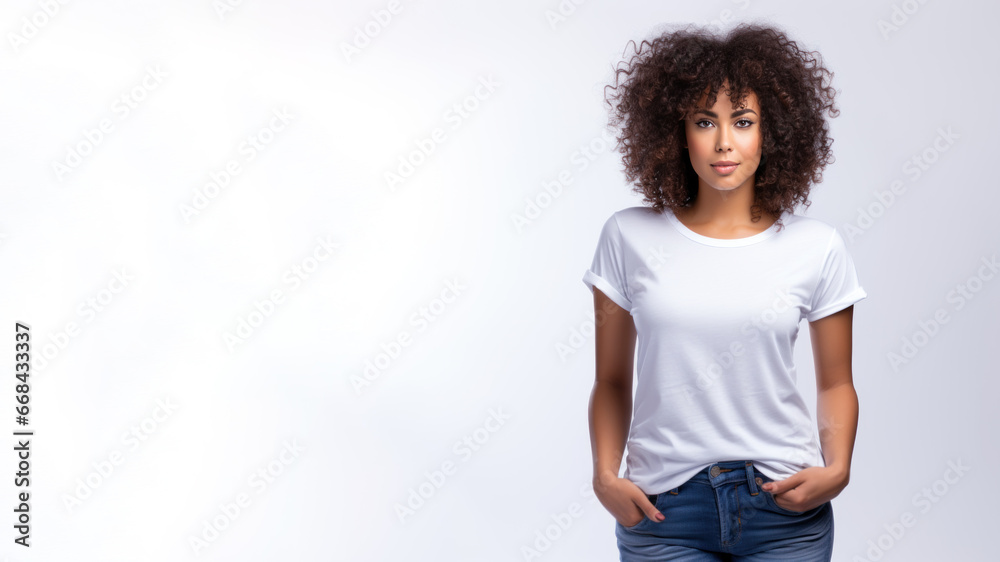 Afro american woman wearing white t-shirt isolated on gray background Afro american woman wearing white t-shirt isolated on gray background