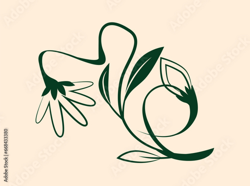 Mystical animal in boho style. Green silhouette of flower. Mysticism and esotericism, occultism. Sacred symbol and religion. Cartoon flat vector illustration isolated on beige background
