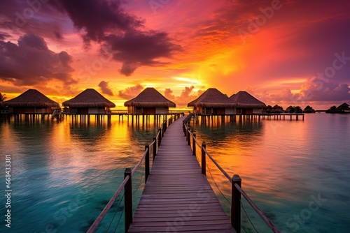 Tropical island sunset with overwater bungalows.