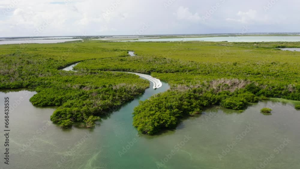 Aerial descending shot of fast driving boat on water surface in mangrove forest. Tropical sea landscape. Florida Keys, USA Aerial descending shot of fast driving boat on water surface in mangrove forest. Tropical sea landscape. Florida Keys, USA