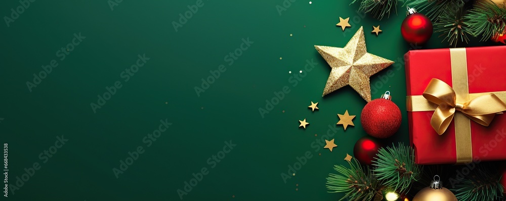 Christmas day decoration, christmas red gift box with decoration stars and light on green background, copy space banner