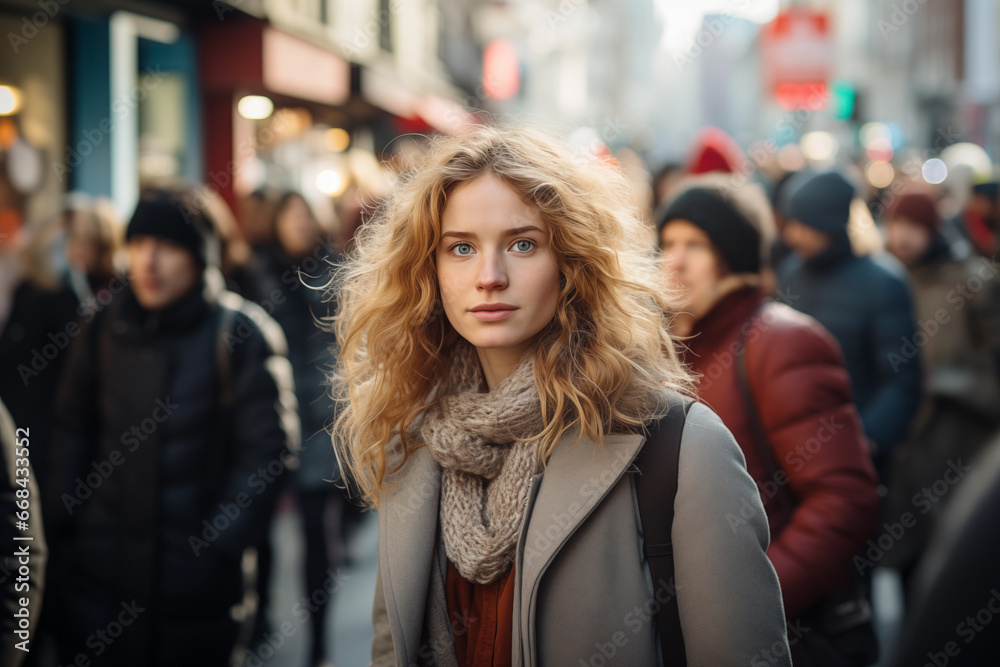 portrait of young adult woman walking on crowded urban street