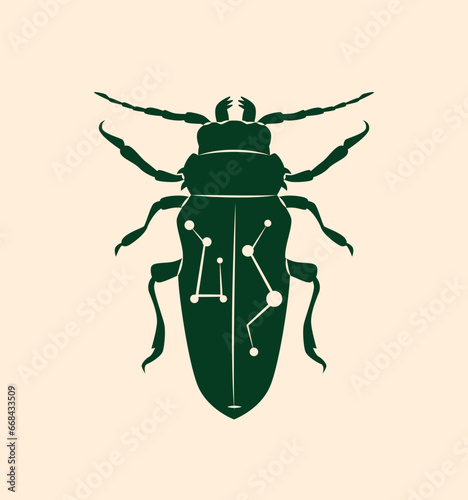 Mystical animal in boho style. Green silhouette of bug. Mysticism and esotericism, occultism, religion. Template and layout. Cartoon flat vector illustration isolated on beige background