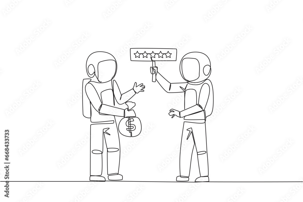 Single one line drawing two astronauts standing opposite each other. The one carry money bag, the other carry rating board with 5 stars. Buy and selling reviews. Continuous line graphic illustration