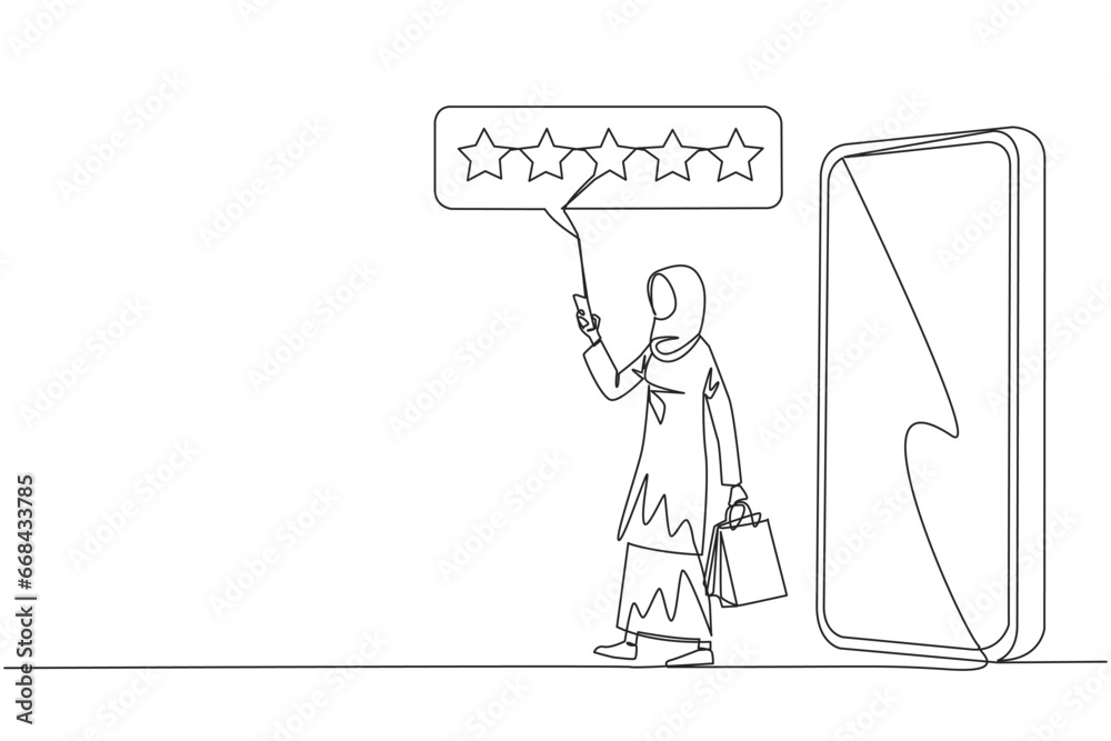 Single one line drawing Arabian woman comes out of big smartphone carry shopping bag, the other hand typing smartphone. Online shopping concept. Ecommerce. Continuous line design graphic illustration Single one line drawing Arabian woman comes out of big smartphone carry shopping bag, the other hand typing smartphone. Online shopping concept. Ecommerce. Continuous line design graphic illustration
