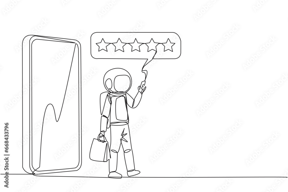 Single continuous line drawing astronaut come out of big smartphone carry shopping bag the other hand typing smartphone. Online shopping concept. Ecommerce. Cosmic. One line design vector illustration Single continuous line drawing astronaut come out of big smartphone carry shopping bag the other hand typing smartphone. Online shopping concept. Ecommerce. Cosmic. One line design vector illustration