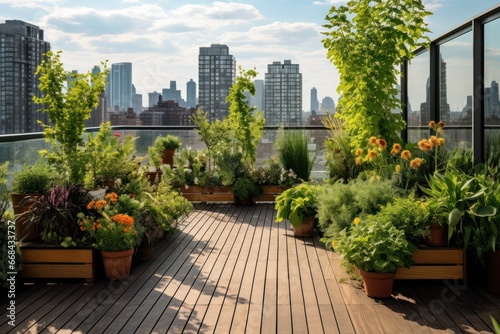Urban garden on a building terrace with city views.