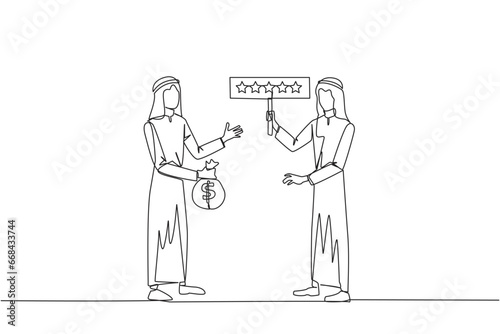 Single continuous line drawing two Arabian men standing opposite each other. One man carry money bag  the other carry rating board with 5 stars. Buy and selling reviews. One line vector illustration