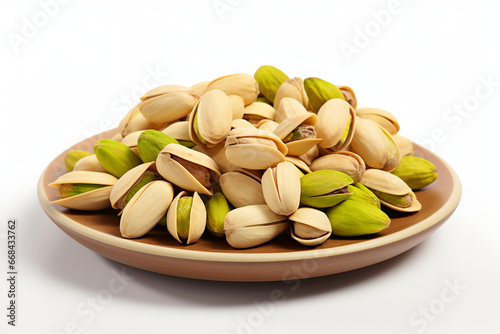 a plate of pistachio nuts on a white background