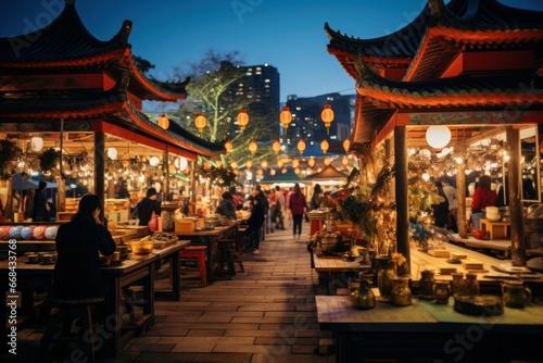 Urban night market with lanterns, street food, and artisan stalls. © Lucija