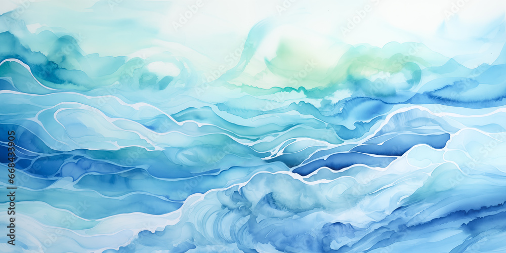 Abstract waves, winter snow blue ink watercolor background. Teal wavy watercolor texture in flowing motion. Snowy winter holiday season, ocean water wave art illustration for mobile web backdrop