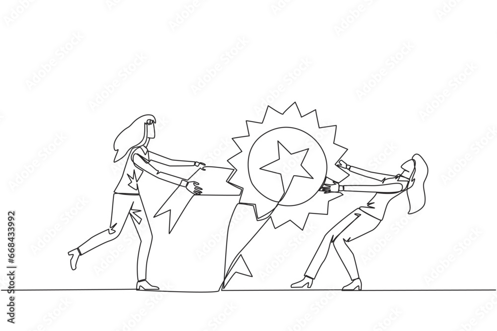 Fototapeta premium Single continuous line drawing two businessman fighting over medal award. Both feel worthy of the award. Businesswoman versus businesswoman. Businesswoman conflict. One line design vector illustration