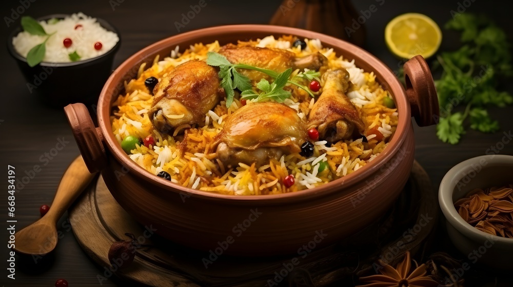 Dum Handi chicken Biryani is prepared in an earthen or clay pot called Haandi. Popular Indian non vegetarian food - obrazy, fototapety, plakaty 