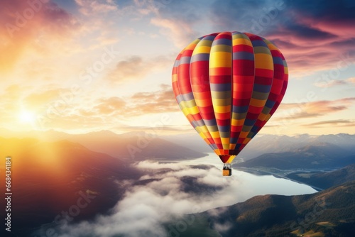 Vibrant hot air balloon ride over scenic landscapes.