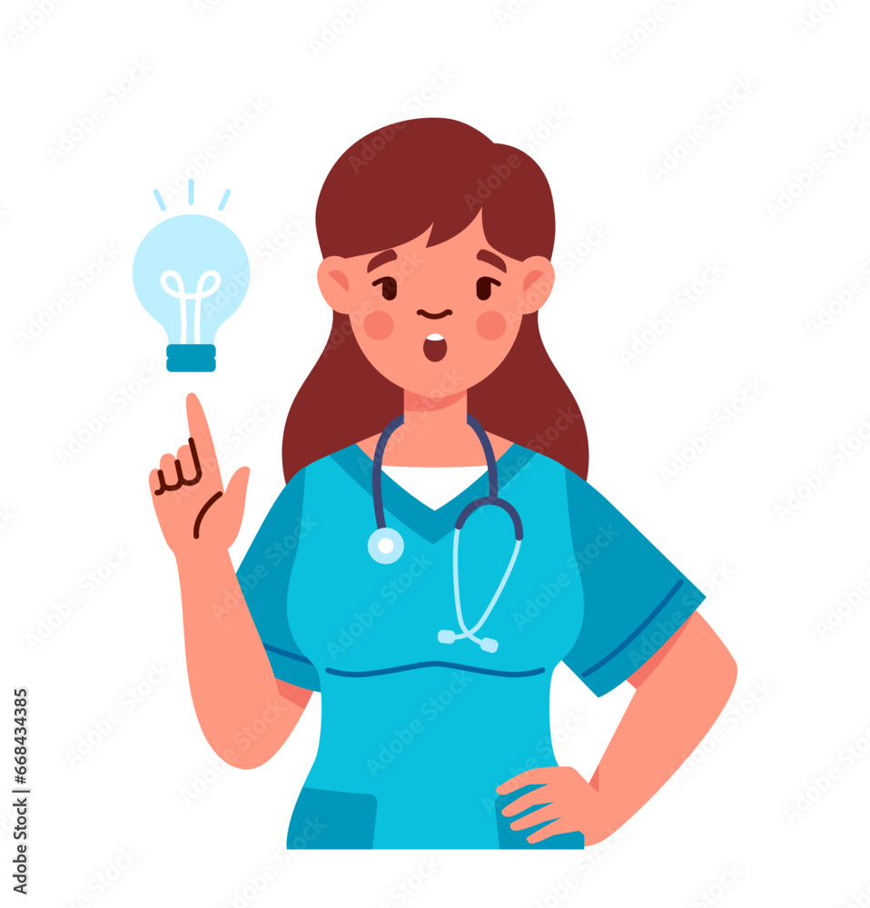Female nurse in uniform. Woman in blue uniform with stethoscope. Doctor with idea. Young girl with light bulb. Template and layout. Cartoon flat vector illustration isolated on white background Female nurse in uniform. Woman in blue uniform with stethoscope. Doctor with idea. Young girl with light bulb. Template and layout. Cartoon flat vector illustration isolated on white background