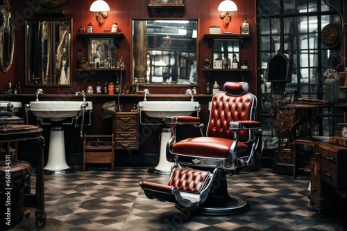 Vintage barber shop interior with leather chairs and antique tools. © Lucija