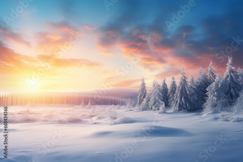 Sunrice winter background and copy space, generative ai © Nia™