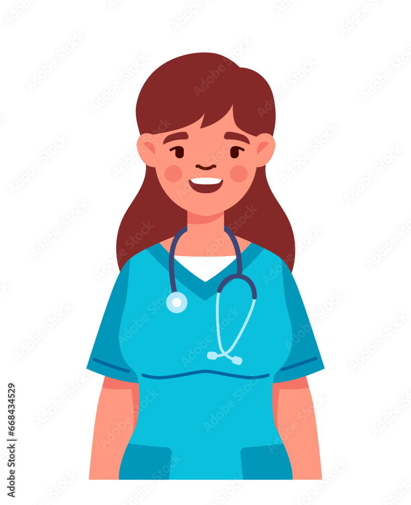 Female nurse in uniform. Woman in blue uniform with stethoscope. Happy doctor smiling. Mood and emotions. Template and layout. Cartoon flat vector illustration isolated on white background