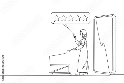 Continuous one line drawing Arabian woman walked out of large smartphone while pushing a shopping trolley. Five stars rating review. E commerce. Review to seller. Single line draw vector illustration